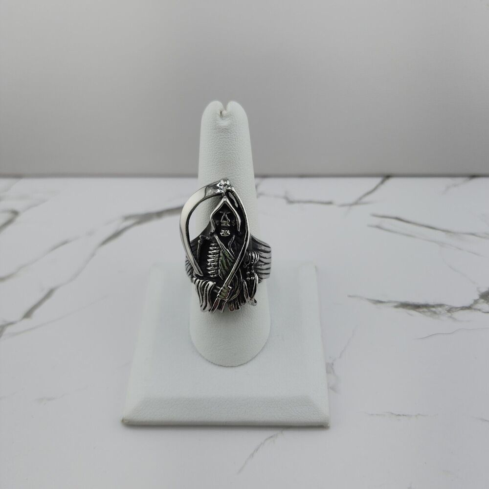 Stainless Steel Black Scythe, Grim Reaper Skull Ring sz 9
